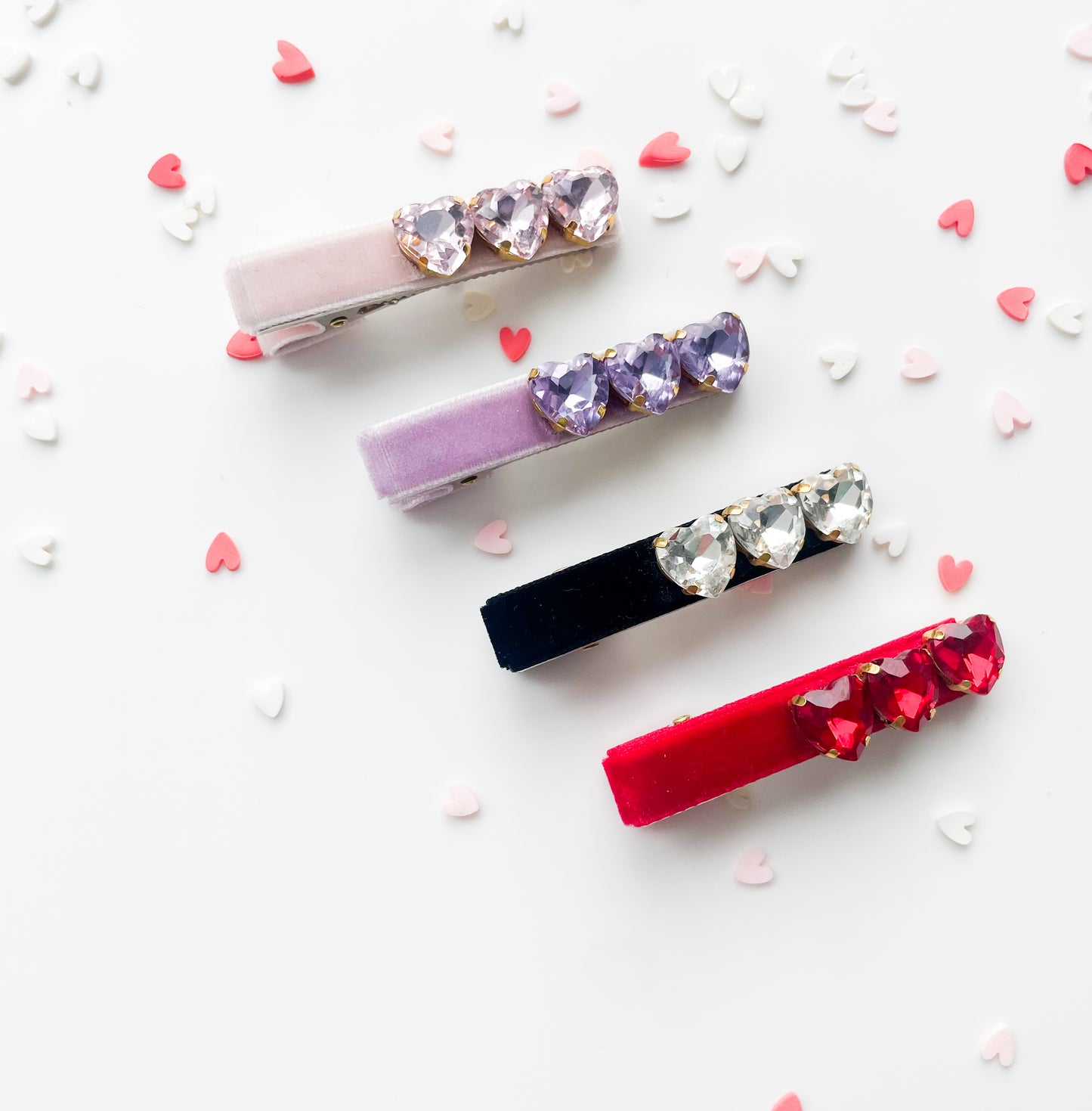 Rhinestone Hearts - Velvet Alligator Bar Clips