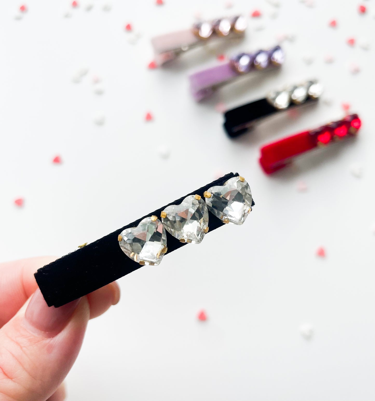 Rhinestone Hearts - Velvet Alligator Bar Clips