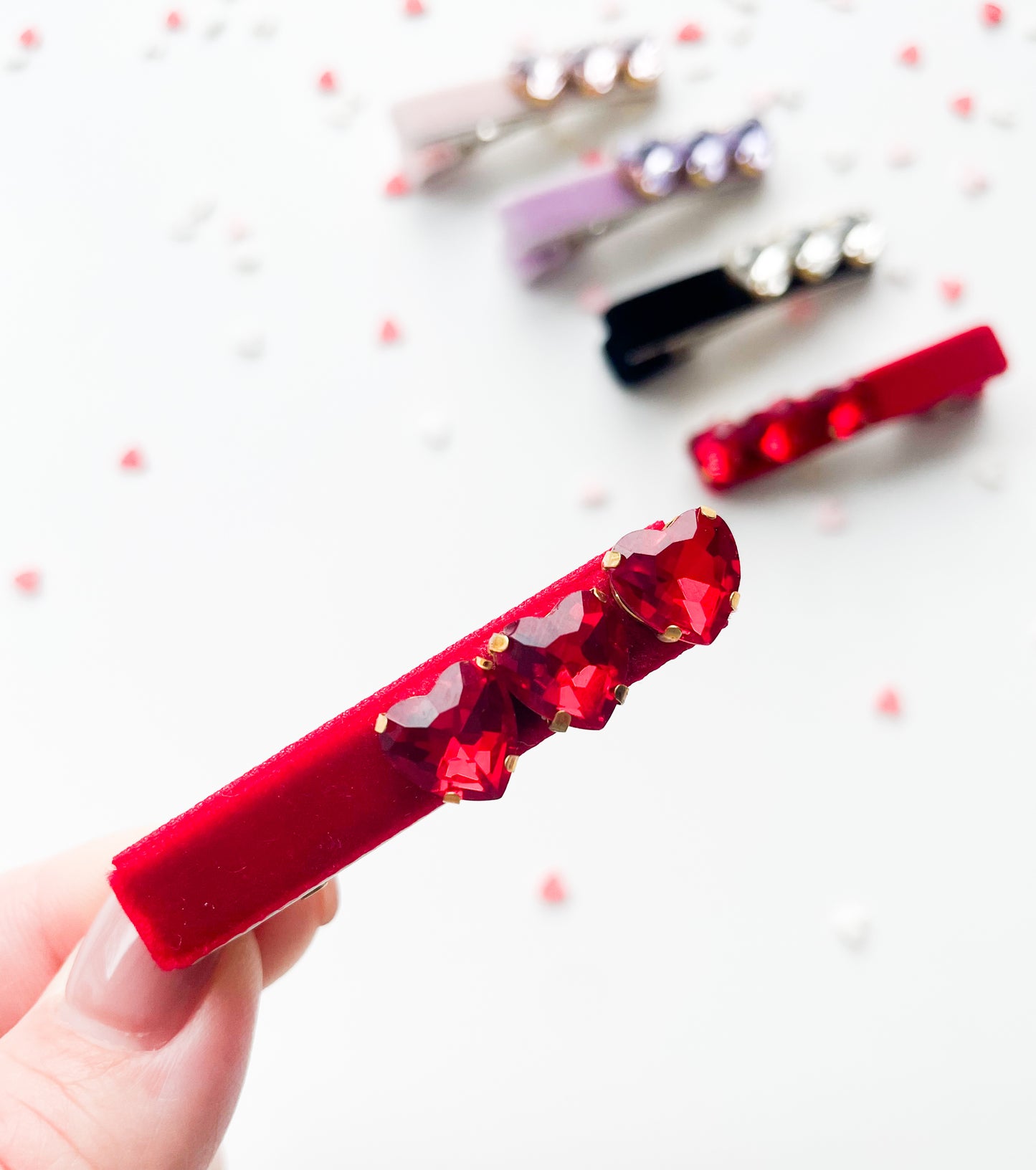 Rhinestone Hearts - Velvet Alligator Bar Clips
