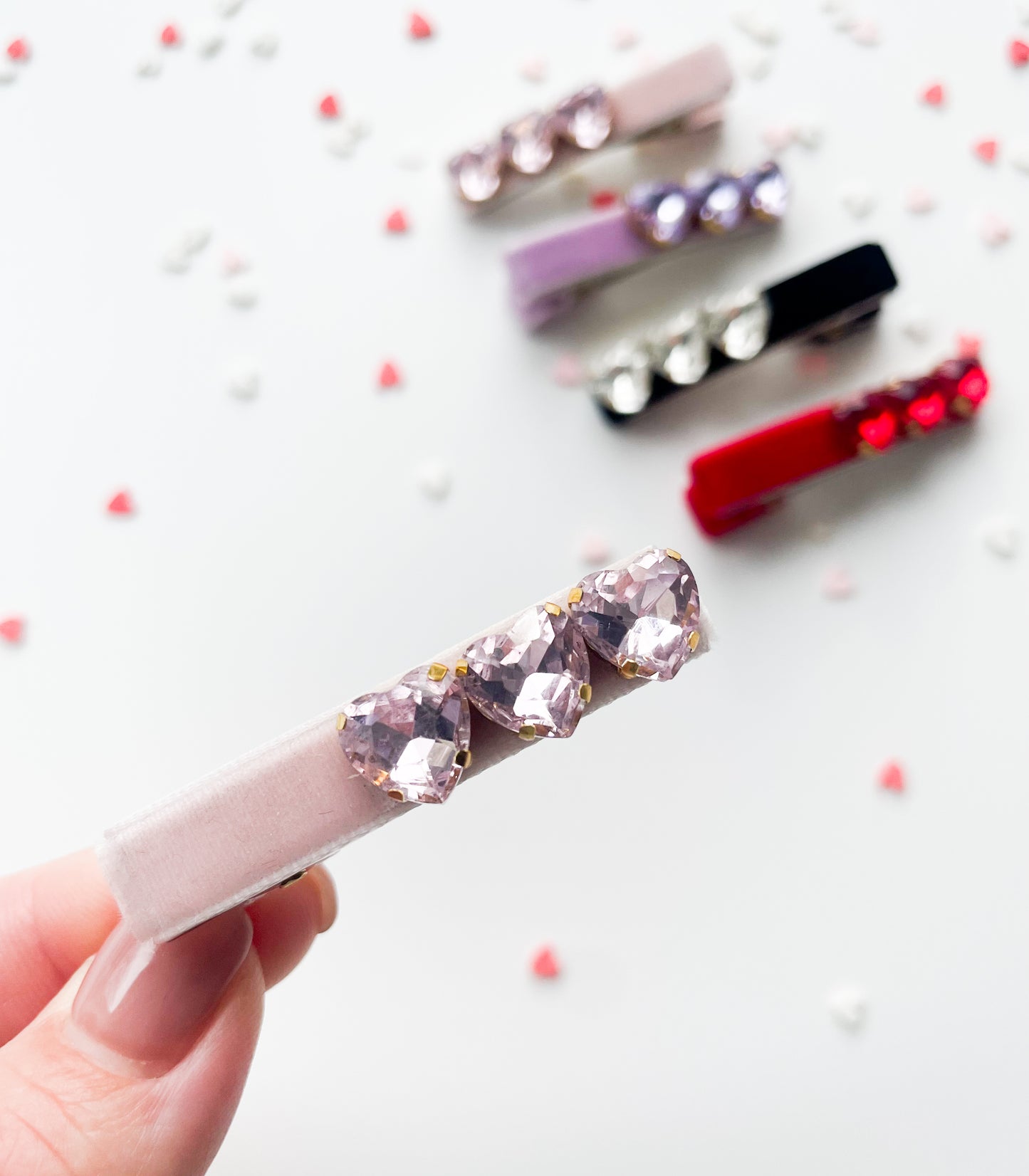 Rhinestone Hearts - Velvet Alligator Bar Clips
