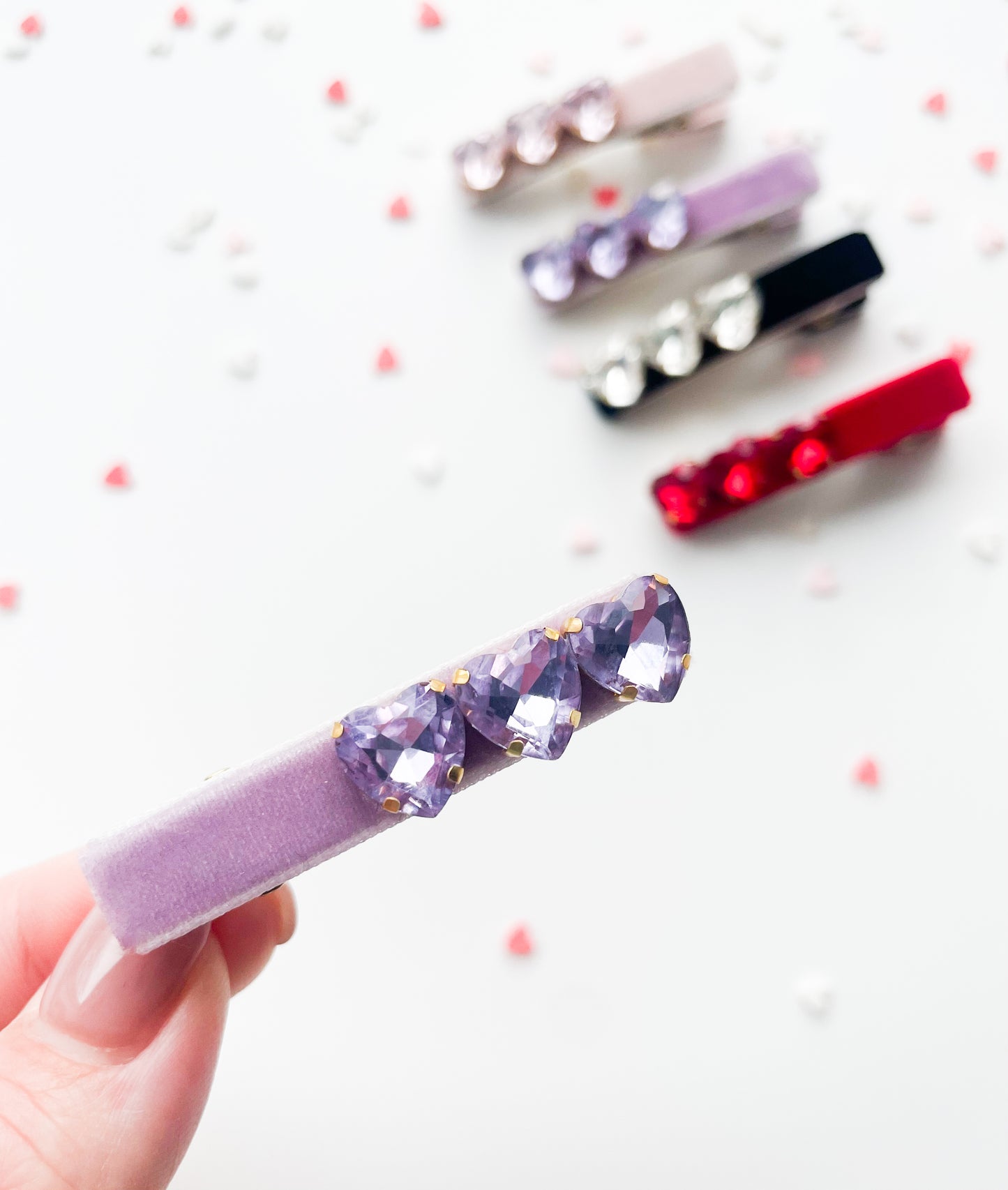 Rhinestone Hearts - Velvet Alligator Bar Clips