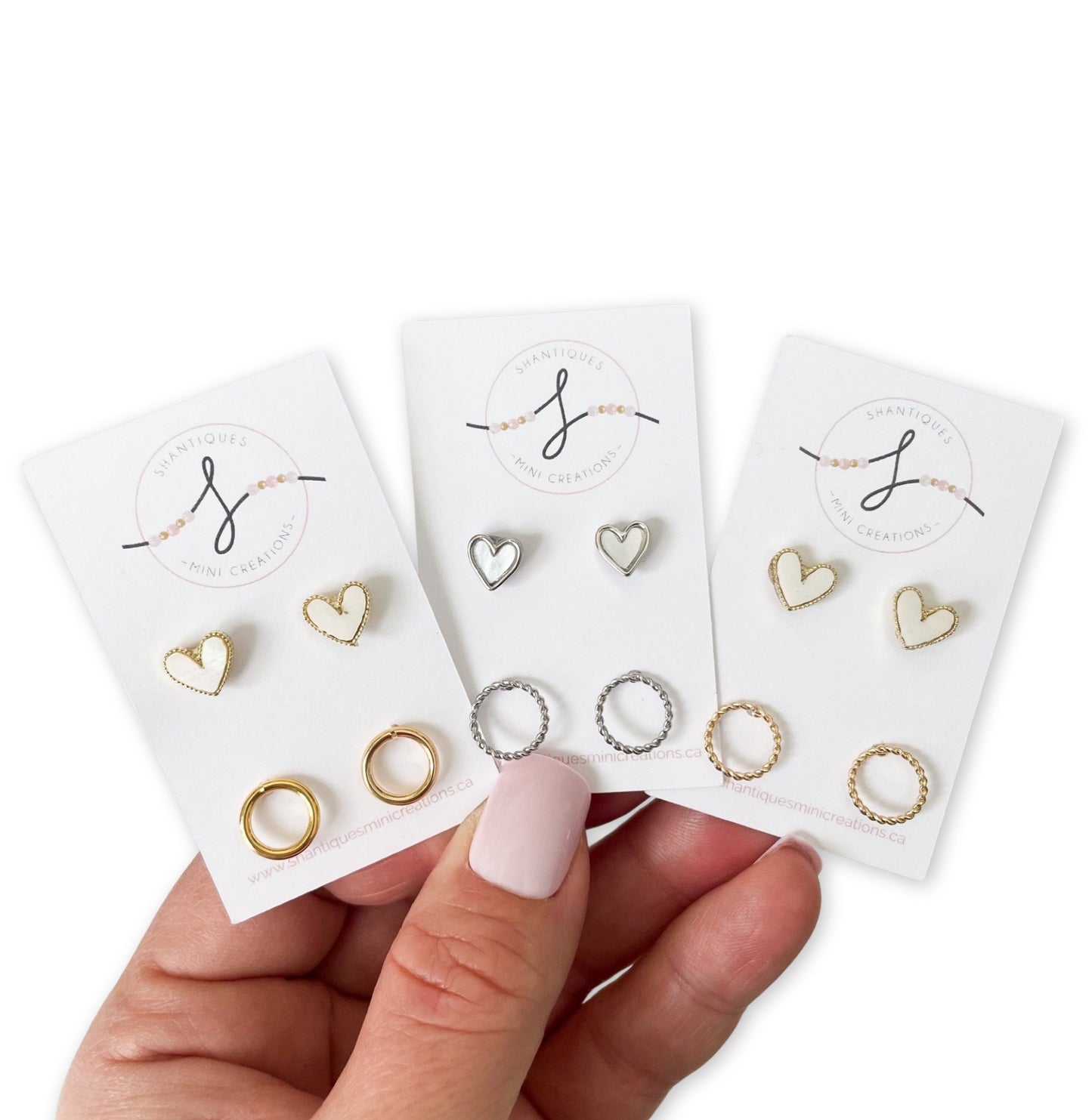 14K Gold Plated Circles/White Hearts - Duo Earrings
