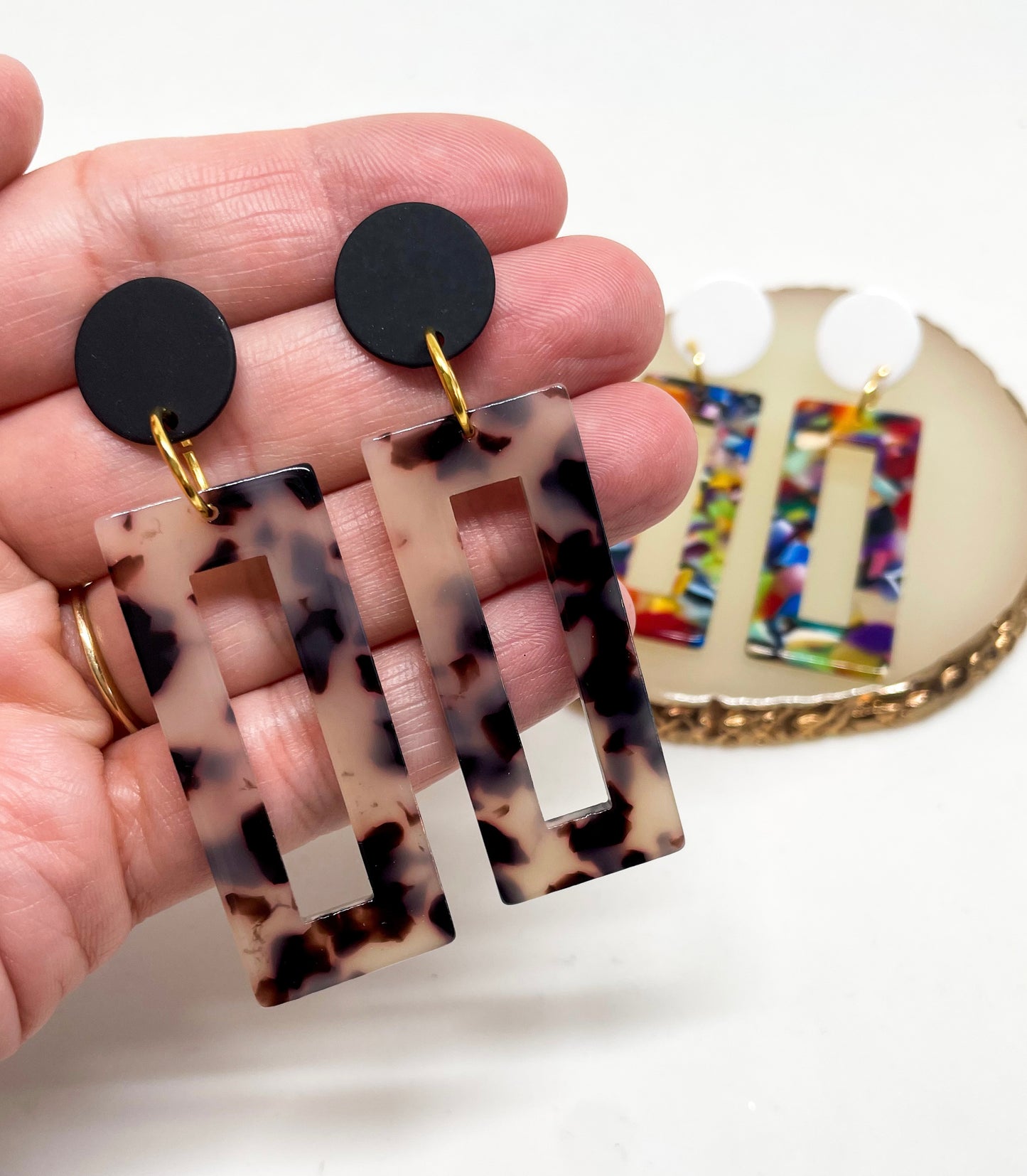 Tortoise Shell Rectangles - Dangle Earrings