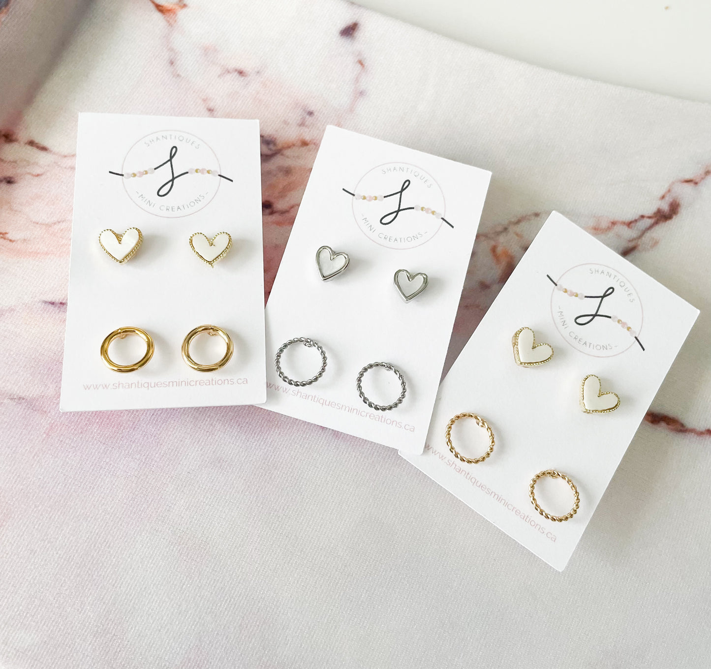 14K Gold Plated Circles/White Hearts - Duo Earrings