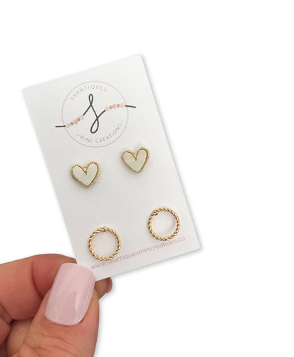 14K Gold Plated Circles/White Hearts - Duo Earrings