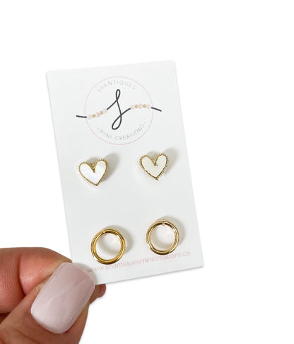 14K Gold Plated Circles/White Hearts - Duo Earrings